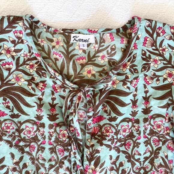 Karni Indian Cotton Floral Tiered Mini Dress Balloon Sleeves Block Print Boho - Picture 7 of 8